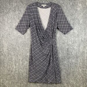 Tommy Bahama Purple Gray Print Faux Wrap Dress V Neck Size Large Stretch